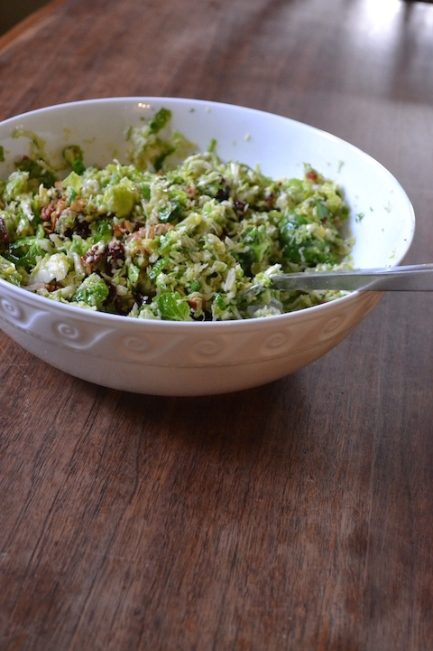 Brussels Sprout Slaw with Cranberries, Bacon & Pecans