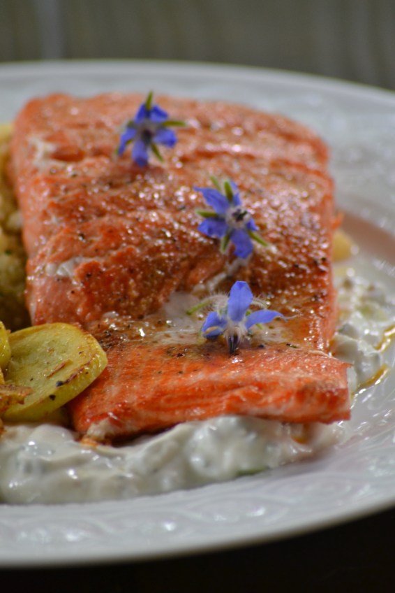 Seared Salmon with Borage Yogurt Sauce (www.mincedblog.com)